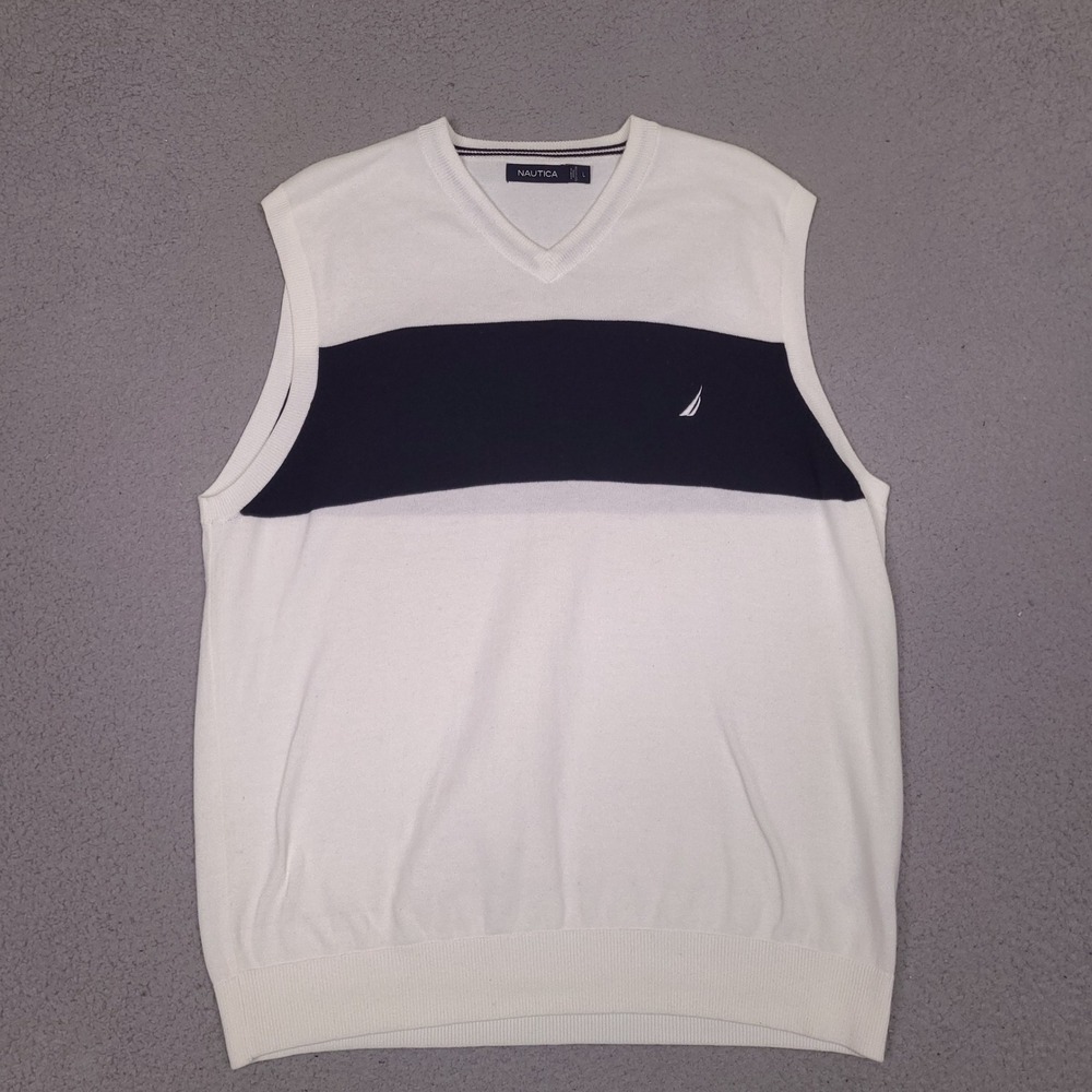 Nautica Mens Large White Navy Blue Stripe V-Neck Cotton Knit Sweater Vest Logo